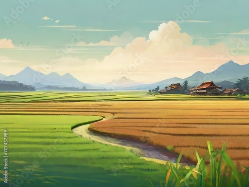 rice field background  design for posters  banners  flyers. ai generative design. nature theme illustration