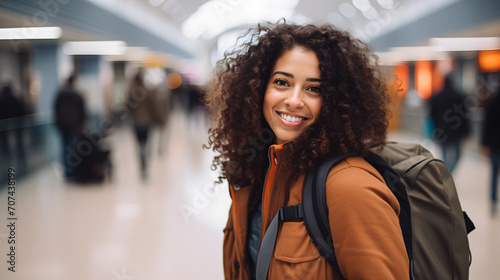 At the airport, a young woman wears a beaming smile as she gets ready to board her flight with enthusiasm. photo