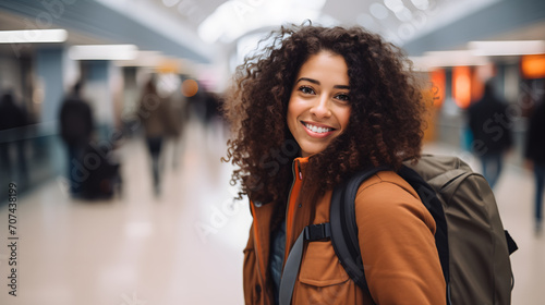 At the airport, a young woman wears a beaming smile as she gets ready to board her flight with enthusiasm.