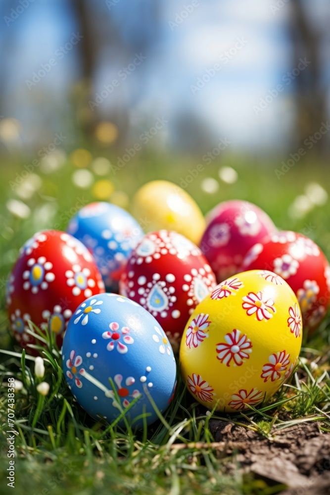 Colorful easter eggs on green grass with bokeh background Colorful easter eggs on green grass with bokeh background