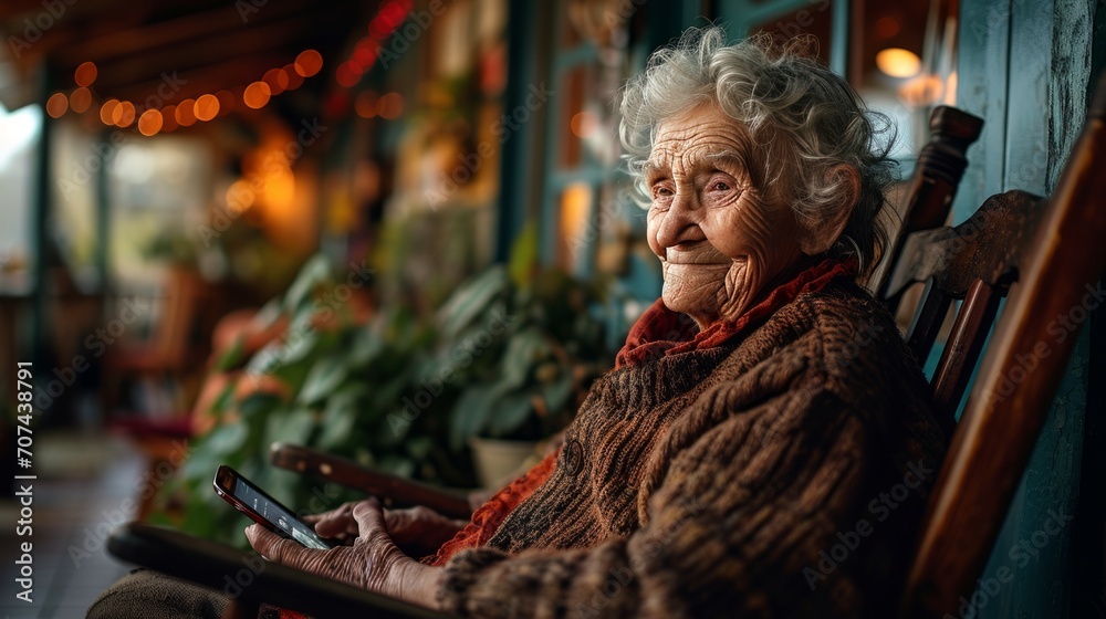 Obraz premium A happy senior woman using her smart phone to chat with family or friends. 