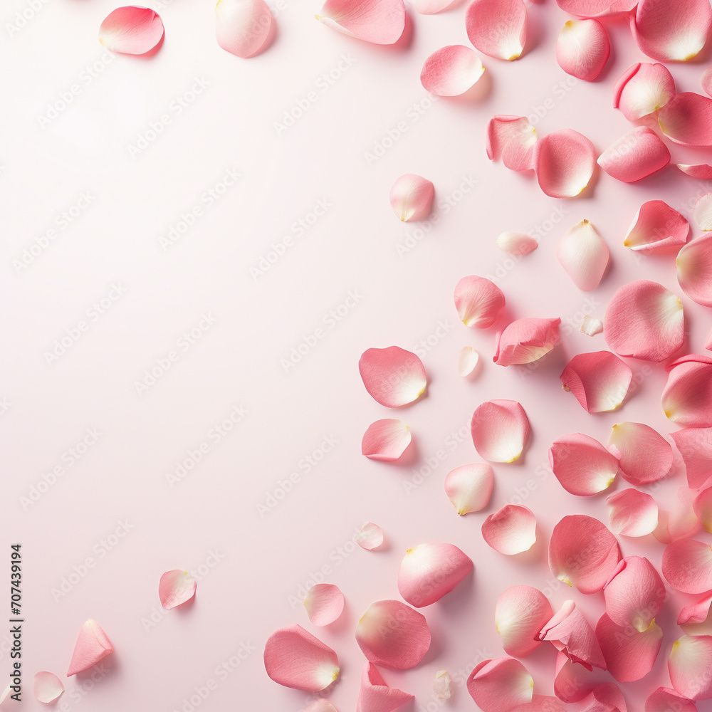 Pink rose petals scattered on a pink background, Valentine's day, wedding, love illustration, space for text