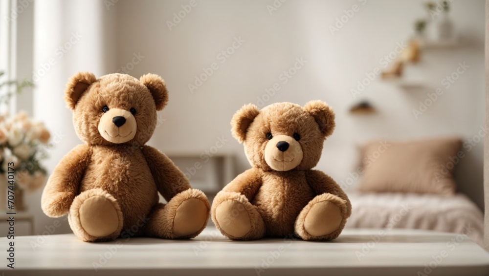 Two teddy bears soft toys on white table top in bedroom. Cute plush bears generated by AI Two teddy bears soft toys on white table top in bedroom. Cute plush bears generated by AI