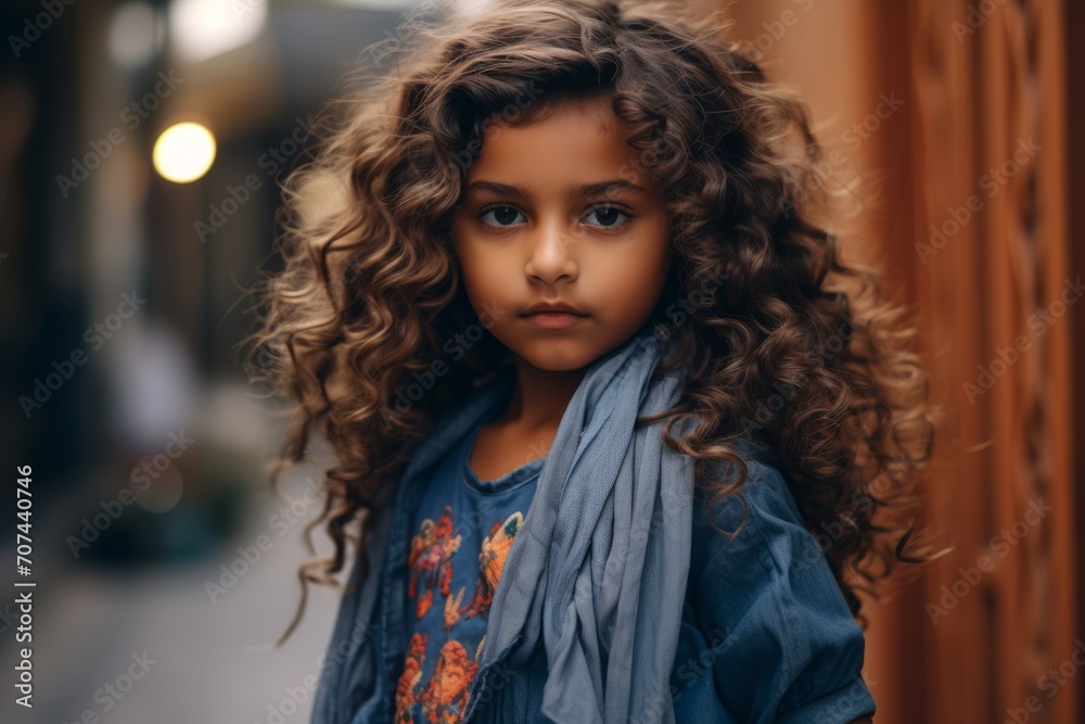 Portrait of a beautiful little girl with curly hair on the street Portrait of a beautiful little girl with curly hair on the street