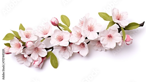 Spring sakura cherry blooming flowers bouquet. Isolated realistic pink petals  blossom  branches  leaves vector set. Design spring tree illustration  generative ai