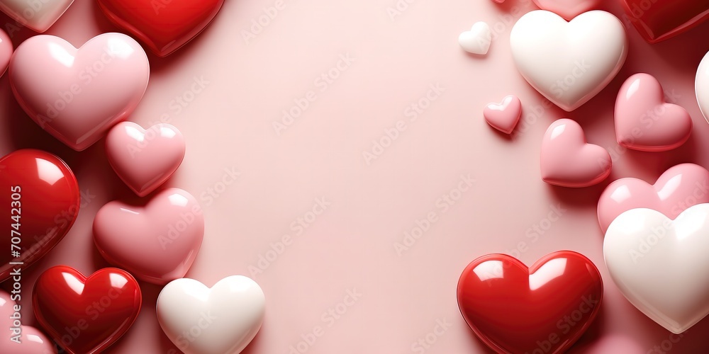 Pink background with shiny red and white heart shape decoration. generative AI