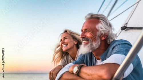 A cheerful Caucasian senior couple sailing on a boat, enjoying a relaxing summer vacation on the sea? copy space 
