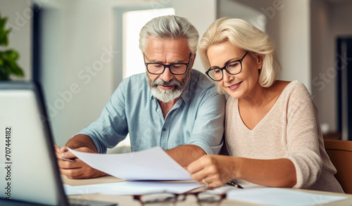 Happy elderly Caucasian couple in front of the computer in a cosy living room calculating the family budget 