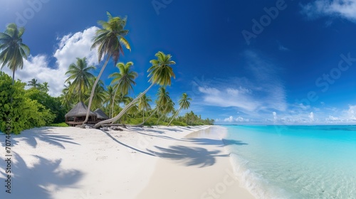 beach views with coconut trees  bright blue skies  stunning tropical beach views. Clear white sand beach on a summer day.