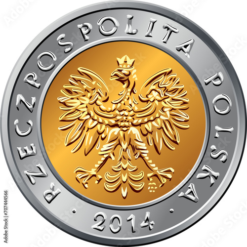 vector obverse Polish Money five zloty gold and silver coin with eagle in a golden crown