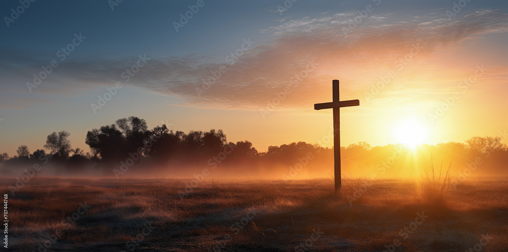 This tranquil scene of a cross at sunrise evokes a sense of peace and meditation, perfectly suited for Easter, spiritual, and contemplative content.