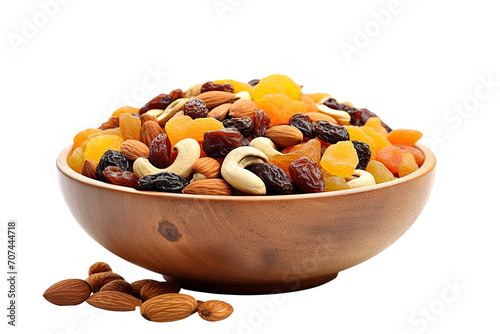 Top side closeup macro view of Bowl of dry fruits, on a white isolated background PNG