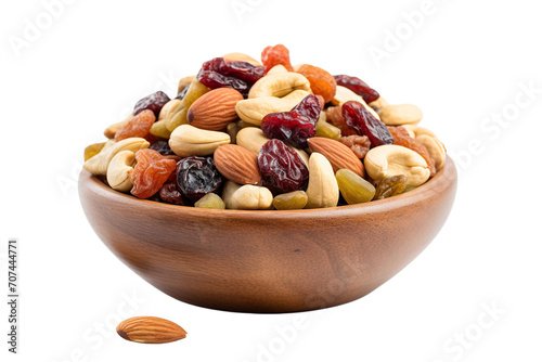 Top side closeup macro view of Bowl of dry fruits, on a white isolated background PNG