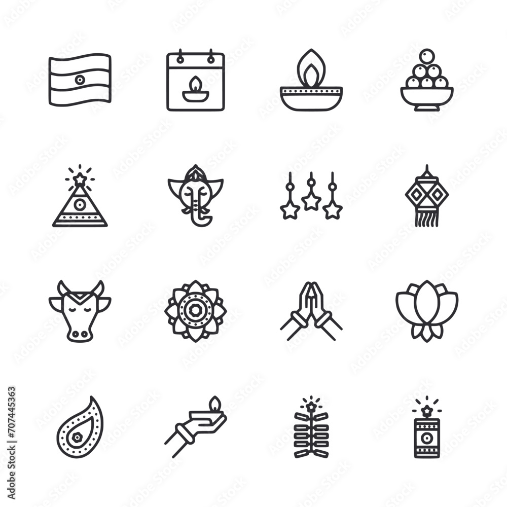 Set of Diwali icon for web app simple line design - obrazy, fototapety, plakaty 