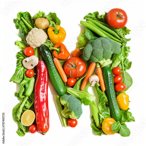 MD letter out of vegetables and fruits isolated on white background.