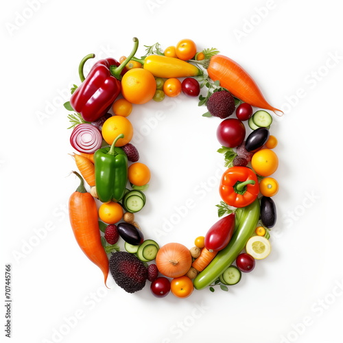 O letter out of vegetables and fruits isolated on white background.