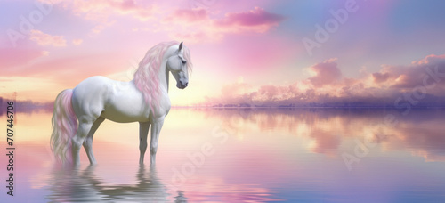 Fantasy landscape with a noble white horse gazing into the distance over calm waters  sunset sunrise time  Banner with copy space 