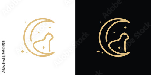 minimalist line logo design, moon cat logo design template.
