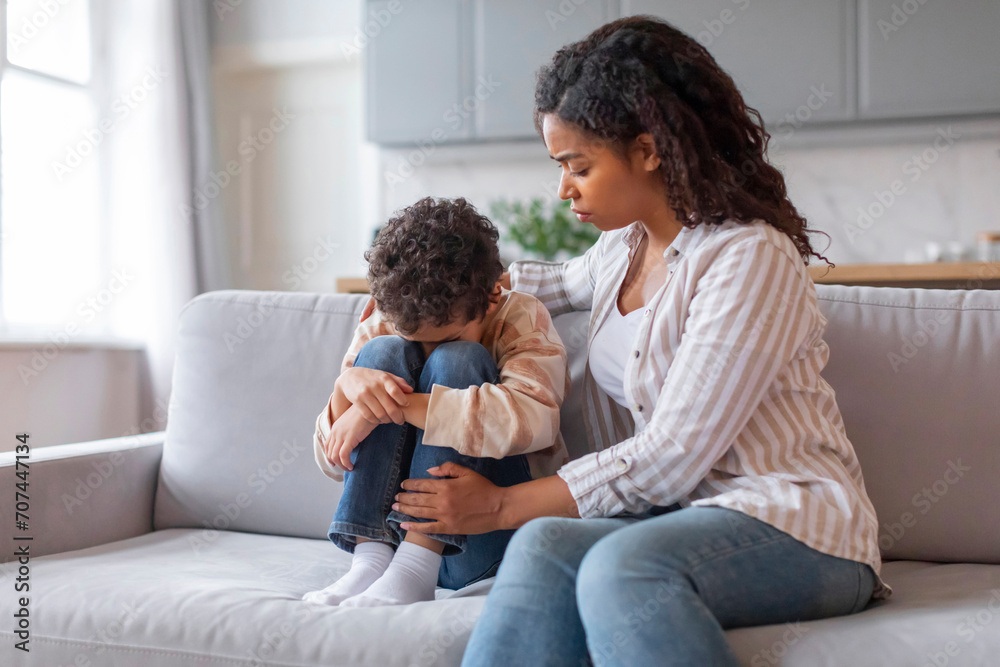 Caring African American Mom Comforting Upset Little Son At Home, Caring African American Mom Comforting Upset Little Son At Home,