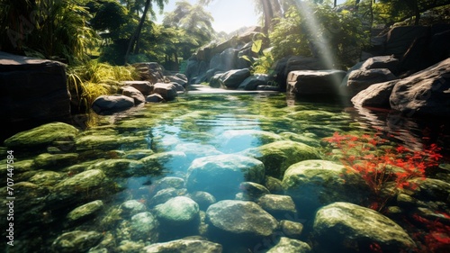 Crystal-clear waterfall surrounded by lush greenery, reflecting the vibrant colors of nature -Generative Ai 