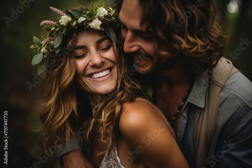 A backyard boho-chic wedding, with the bride in a flower crown and a vintage-inspired gown, the groom in suspenders, and the atmosphere filled with laid-back charm.