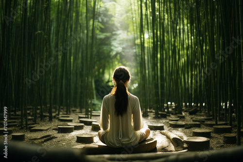 A girl finding balance and tranquility in a bamboo forest, surrounded by the tall, slender stalks creating a serene and harmonious setting for her yoga practice. photo