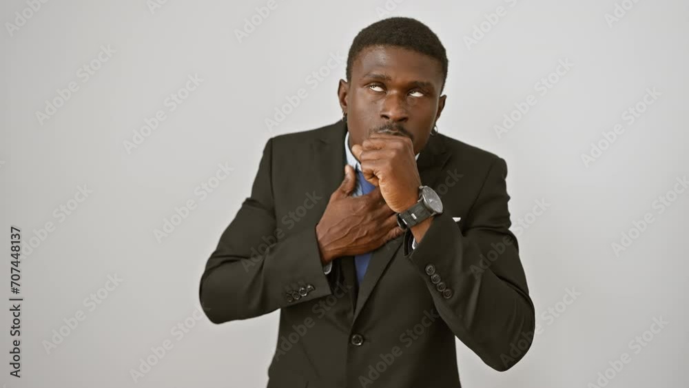 Unwell african american man in suit stands isolated, coughing as a cold or bronchitis creeps in. a clear picture of health care needs against a stark white background. Unwell african american man in suit stands isolated, coughing as a cold or bronchitis creeps in. a clear picture of health care needs against a stark white background.