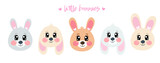 Set of cute kawaii cartoon smiling joyful little bunny, brown rabbit face, head for kids, children	