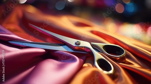 Closeup of a dressmakers scissors ting through fabric. photo
