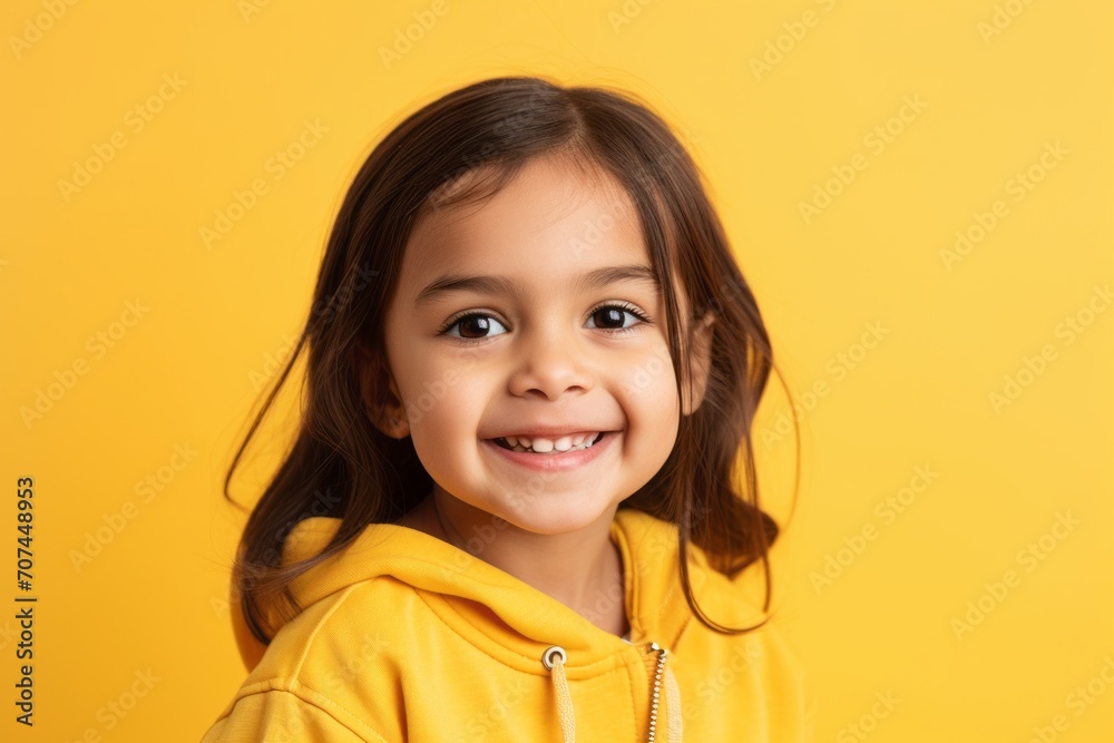 Portrait of a smiling little girl in a yellow hoodie on a yellow background Portrait of a smiling little girl in a yellow hoodie on a yellow background