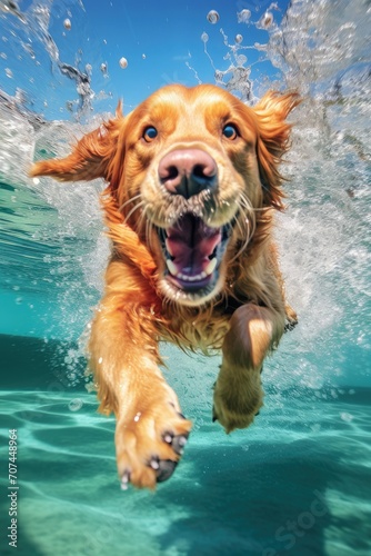 Funny underwater photo of a Labrador retriever dog underwater. Summer holidays, fun on the water.