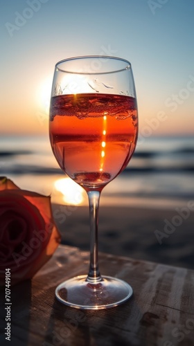 A glass of rose wine on the beach at sunset.