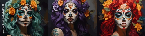 Painted portrait. Three woman with day of the dead face paint and flower colors in her purple  red  green hair. Generative AI