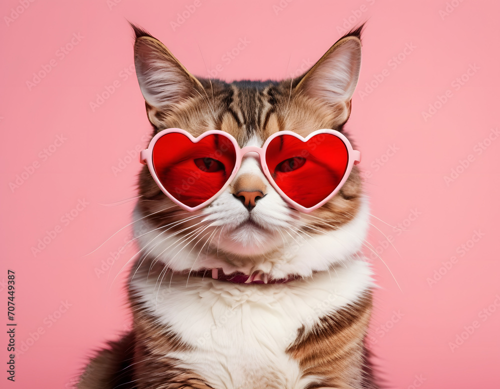 A CAT WEARING HEART SHAPED GLASSES
