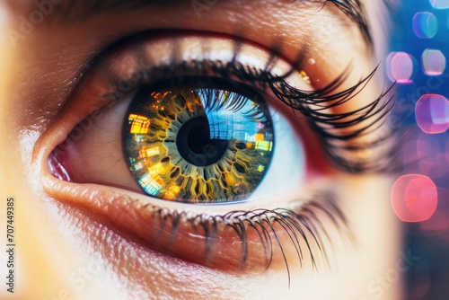 A close-up of a human eye that reflects a colorful cityscape, with enhanced contrast and saturation to create a striking effect Ai Generative