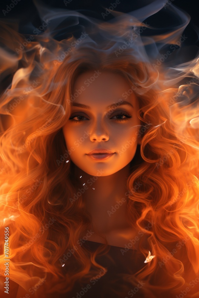 A cute girl with smoke in her face, in the style of dark orange and white illumination AI Generative