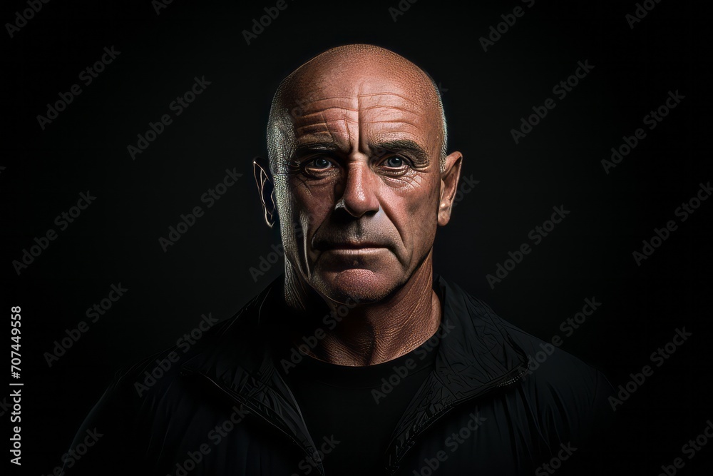 Portrait of an old man in a black jacket on a dark background.