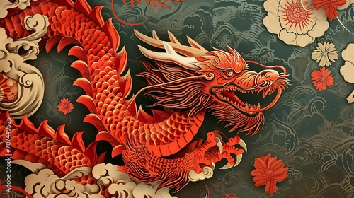 Paper-cut style of a dragon in red, Chinese culture for the Year of the Dragon.