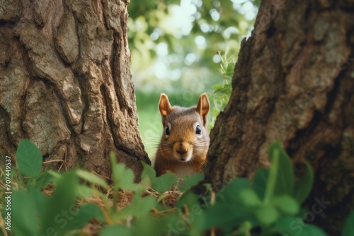 A curious squirrel peeking out from behind a tree trunk in a lush green park Ai Generative