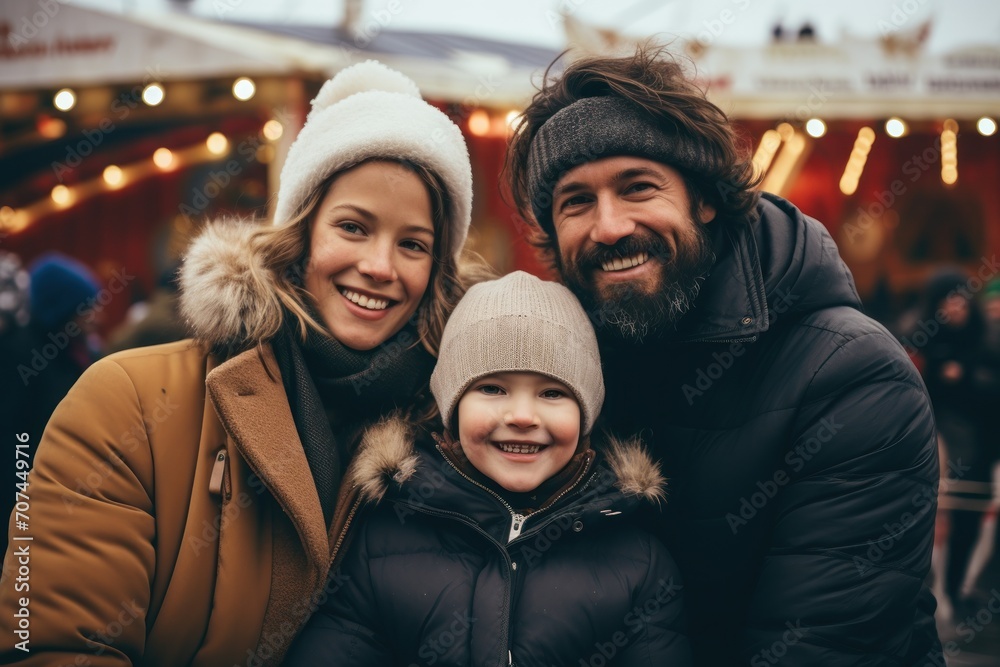 A friendly family at the big carousel wheel in winter Ai Generative A friendly family at the big carousel wheel in winter Ai Generative