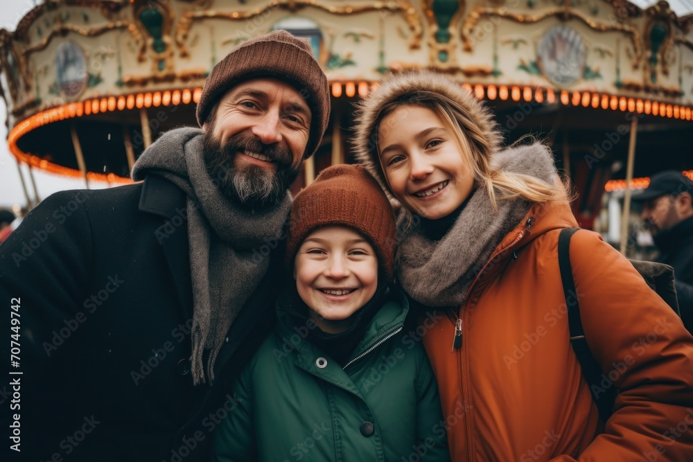 A friendly family at the big carousel wheel in winter Ai Generative