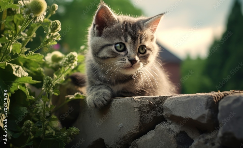 Gray kitten is sitting on top of a wall, in the style of lush scenery, wimmelbilder Ai Generative