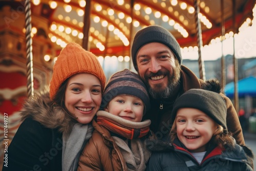 A friendly family at the big carousel wheel in winter Ai Generative