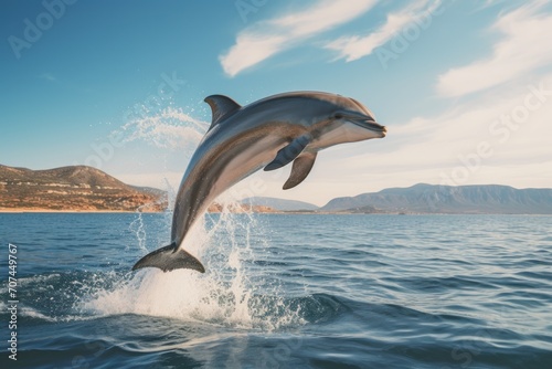 A graceful bottlenose dolphin leaping out of the crystal-clear ocean Ai generative © 3DLeonardo