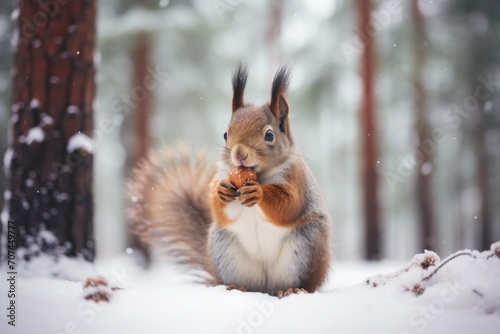 A gray-beige squirrel eats a nut against a background of snow-covered fir trees Ai generative © 3DLeonardo