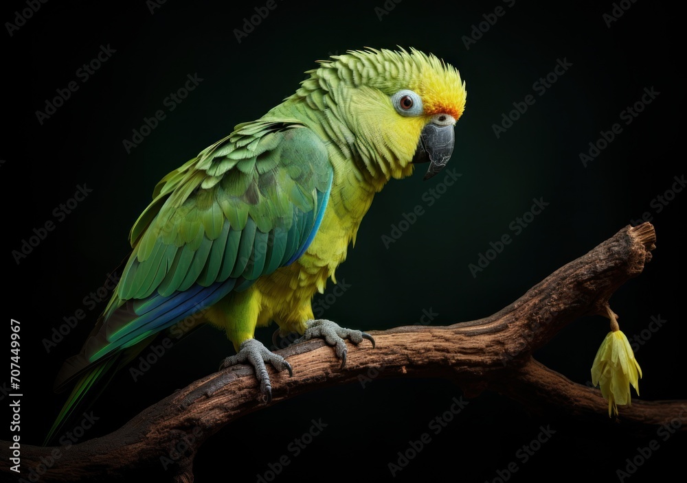 Green parrot sitting on a branch with the background a black background Ai Generative