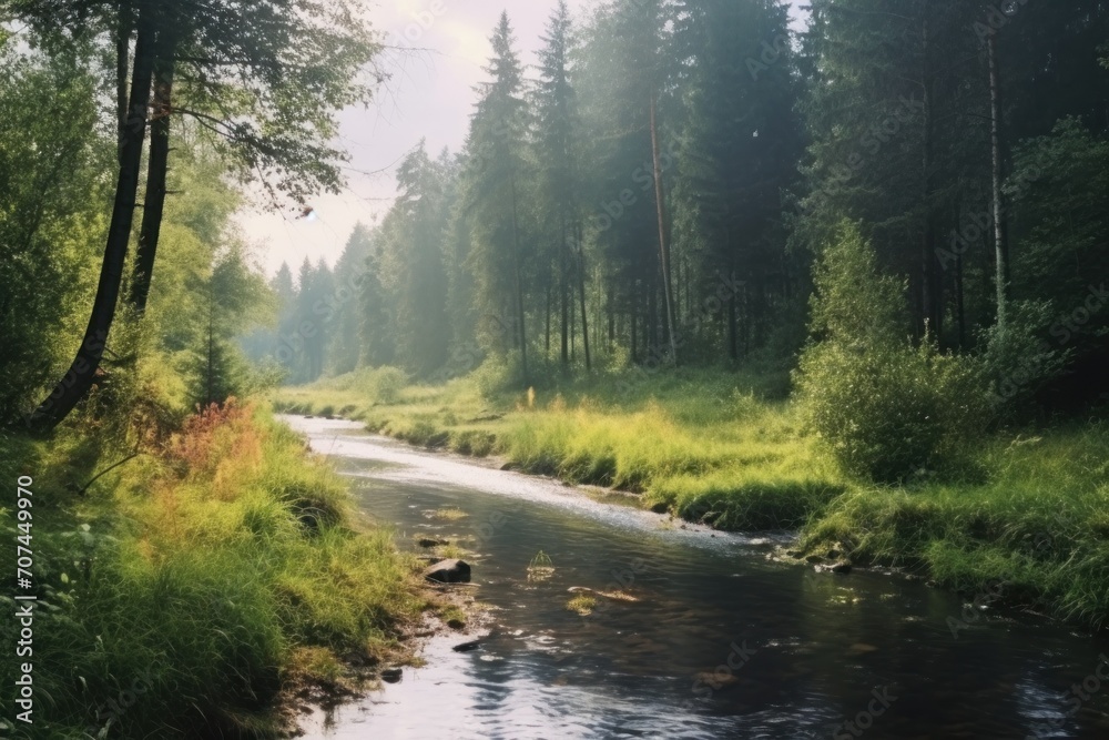 A landscape of a forest with a river and a rainbow Ai Generative
