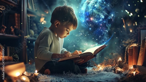 a cute young boy kids opens and reads a fairy tale story fantasy book and immerses with his childhood imagination in creative magic world sitting in his room photo