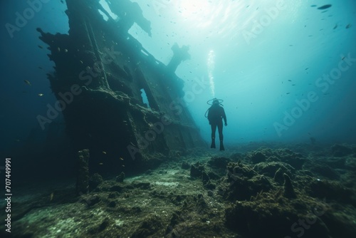 A lone diver exploring a sunken shipwreck shrouded in mystery Ai Generative