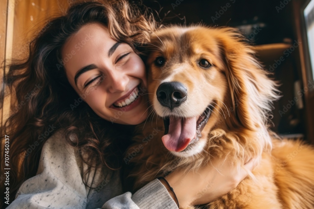 Woman cuddling with their dog Ai Generative